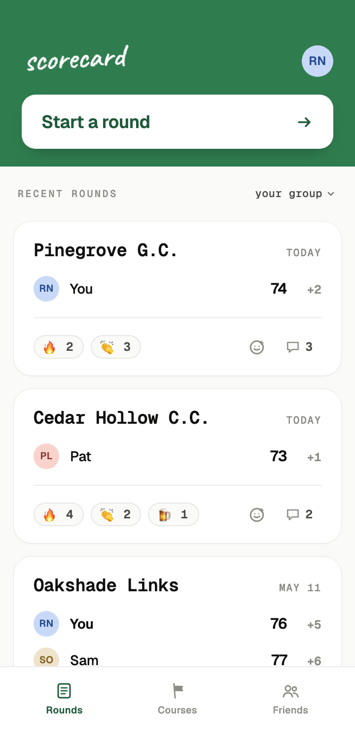 The Scorecard app home screen, showing recent rounds for your group.